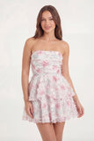 White Pink Flower Ruffled Strapless A Line Graduation Dress