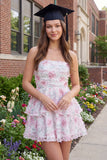 White Pink Flower Ruffled Strapless A Line Graduation Dress