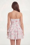 White Pink Flower Ruffled Strapless A Line Graduation Dress