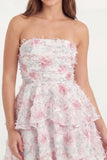 White Pink Flower Ruffled Strapless A Line Graduation Dress