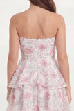 White Pink Flower Ruffled Strapless A Line Graduation Dress