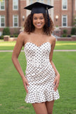 White Black Dot Bodycon Sweetheart Corset Mini Dress with Ruffles