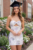 Strapless White Purple Flower Keyhole Bodycon Mini Dress with Bow