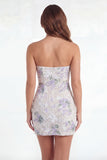 Strapless White Purple Flower Keyhole Bodycon Mini Dress with Bow