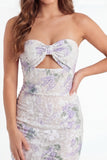 Strapless White Purple Flower Keyhole Bodycon Mini Dress with Bow