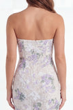 Strapless White Purple Flower Keyhole Bodycon Mini Dress with Bow