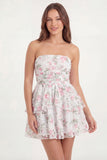 Strapless White Pink Flower A Line Ruffled Mini Graduation Dress