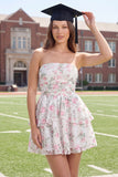 Strapless White Pink Flower A Line Ruffled Mini Graduation Dress