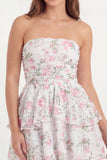 Strapless White Pink Flower A Line Ruffled Mini Graduation Dress