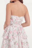 Strapless White Pink Flower A Line Ruffled Mini Graduation Dress