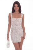 White Floral Bodycon Wide Straps Short Graduation Dress with Slit