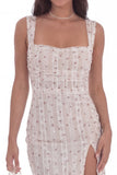 White Floral Bodycon Wide Straps Short Graduation Dress with Slit