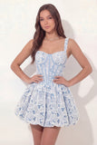 White Blue Floral Corset A Line Short Graduation Dress