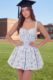 White Blue Floral Corset A Line Short Graduation Dress