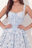 White Blue Floral Corset A Line Short Graduation Dress
