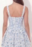 White Blue Floral Corset A Line Short Graduation Dress