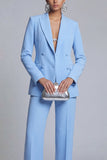 Blue 2 Piece Peak Lapel Double Breasted Slim Fit Prom Suits