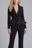 Black 2 Piece Notched Lapel Double Breasted Prom Suits with Ruffles