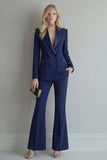 Peak Lapel Blue Double Breasted 2 Piece Women Prom Suits