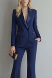 Peak Lapel Blue Double Breasted 2 Piece Women Prom Suits