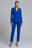 Royal Blue Slim Fit 2 Piece Peak Lapel Women Work Suits with Belt
