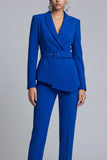 Royal Blue Slim Fit 2 Piece Peak Lapel Women Work Suits with Belt