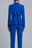 Royal Blue Slim Fit 2 Piece Peak Lapel Women Work Suits with Belt
