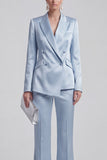 Blue 2 Piece Peak Lapel Double Breasted Women Suits