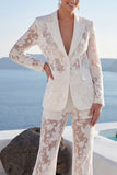 White Peak Lapel 2 Piece Lace Appliqued Women Suits