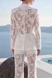 White Peak Lapel 2 Piece Lace Appliqued Women Suits