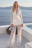 White 2 Piece Lace Appliqued Peak Lapel Flower Women Suits