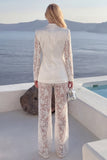 White 2 Piece Lace Appliqued Peak Lapel Flower Women Suits