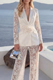 White 2 Piece Lace Appliqued Peak Lapel Flower Women Suits