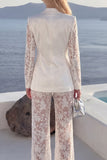 White 2 Piece Lace Appliqued Peak Lapel Flower Women Suits