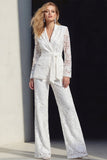 2 Piece White Lace Notched Lapel Wide Leg Prom Suits with Belt