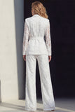 2 Piece White Lace Notched Lapel Wide Leg Prom Suits with Belt