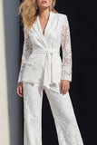 2 Piece White Lace Notched Lapel Wide Leg Prom Suits with Belt