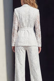 2 Piece White Lace Notched Lapel Wide Leg Prom Suits with Belt