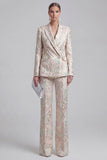 Champagne 2 Piece Floral Peak Lapel Double Breasted Prom Suits