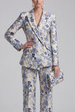 Champagne 2 Piece Floral Peak Lapel Double Breasted Prom Suits