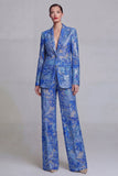 Dark Blue Floral 2 Piece Single Breasted Notched Lapel Prom Suits