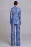 Dark Blue Floral 2 Piece Single Breasted Notched Lapel Prom Suits