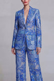 Dark Blue Floral 2 Piece Single Breasted Notched Lapel Prom Suits