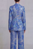 Dark Blue Floral 2 Piece Single Breasted Notched Lapel Prom Suits