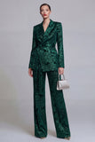 Dark Green 2 Piece Floral Notched Lapel Wide Leg Prom Suits with Belt