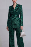 Dark Green 2 Piece Floral Notched Lapel Wide Leg Prom Suits with Belt