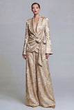 Floral Champagne 2 Piece Shawl Lapel Wide Leg Prom Suits with Bow