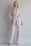 Lilac Floral Single Breasted 2 Piece Peak Lapel Long Prom Suits with Belt
