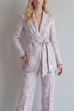 Lilac Floral Single Breasted 2 Piece Peak Lapel Long Prom Suits with Belt