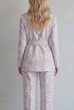 Lilac Floral Single Breasted 2 Piece Peak Lapel Long Prom Suits with Belt